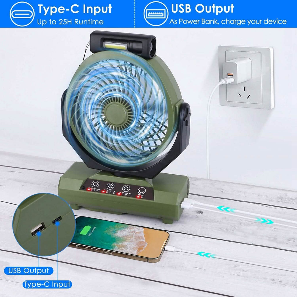 20000mAh Rechargeable Oscillating Camping Fan with Flashlight Hanging Hook Remote Control