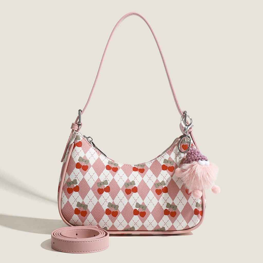 Small versatile shoulder bag, cute cherry pattern shoulder bag, top handle bag, crescent bag  hobo
