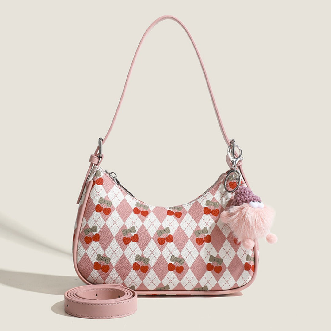 Small versatile shoulder bag, cute cherry pattern shoulder bag, top handle bag, crescent bag  hobo