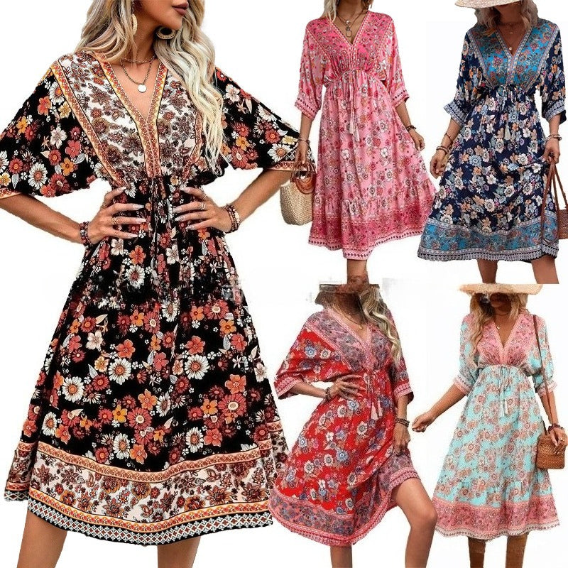 Women's Bohemian Dress Printed Vacation Beach Midi Dress