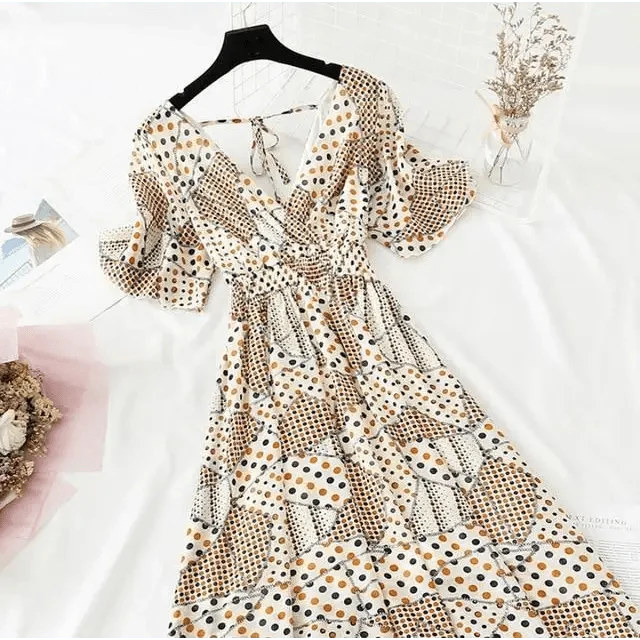 Summer Women Ruffled Short-sleeved Chiffon Dress V-neck High Waist Floral Print Beach Midi Dresses For Women