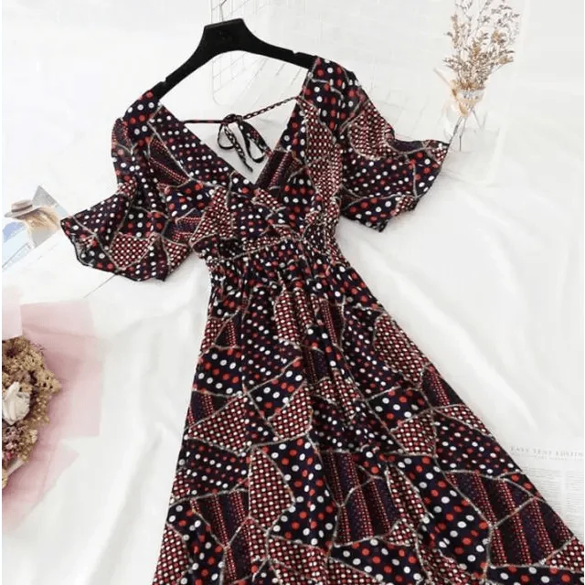 Summer Women Ruffled Short-sleeved Chiffon Dress V-neck High Waist Floral Print Beach Midi Dresses For Women