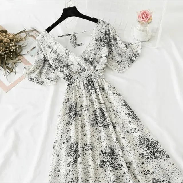 Summer Women Ruffled Short-sleeved Chiffon Dress V-neck High Waist Floral Print Beach Midi Dresses For Women