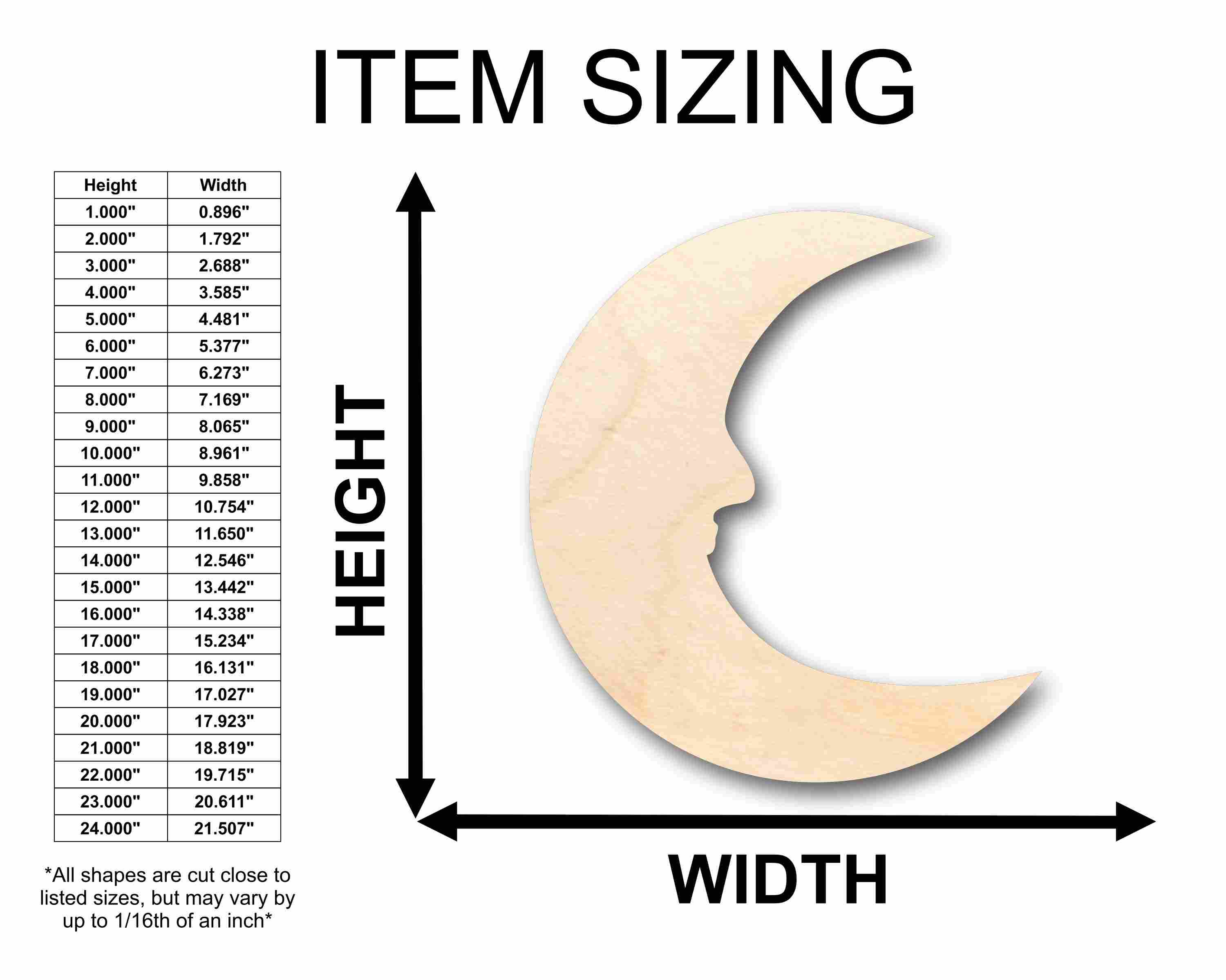 Unfinished Wood Crescent Moon with Face Outline Silhouette - Craft- up to 46" DIY
