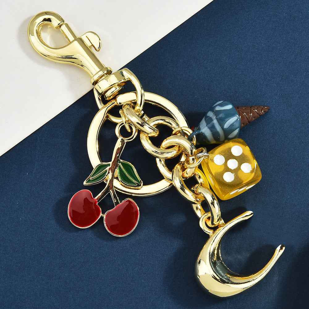 Metal keychain cute fruit set with diamonds apple keyring pendant handbag keyring accessory for women