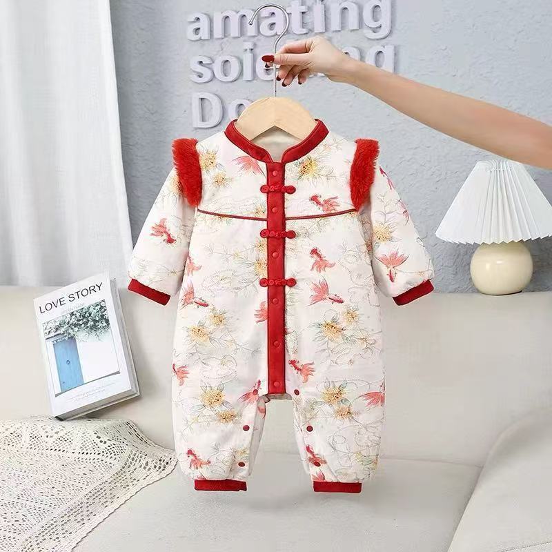 Red Festive Warm Childrens Cotton Padded Jumpsuit