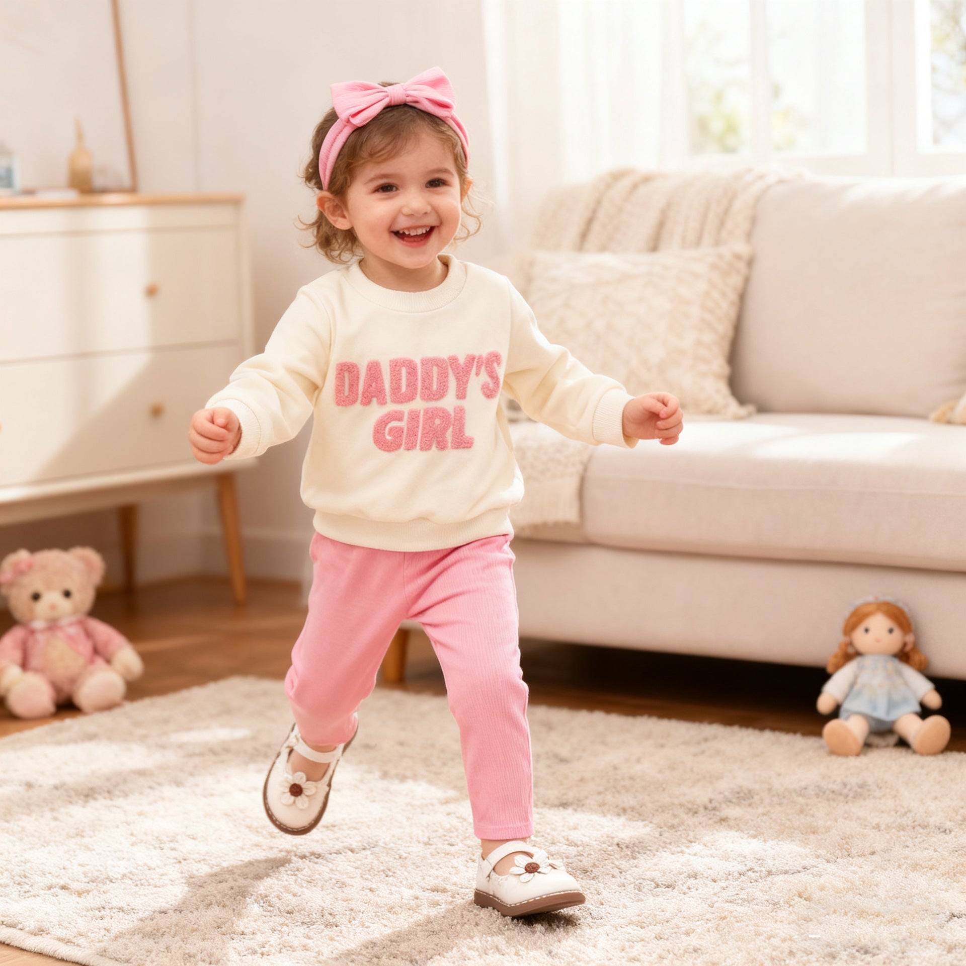 Cute Letter Print Sweatshirt And Pants Set With Bow Hairband For Little Girls