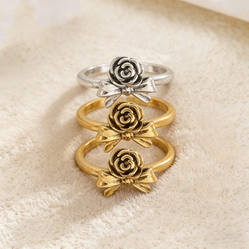Vintage Rose & Bow Open Ring