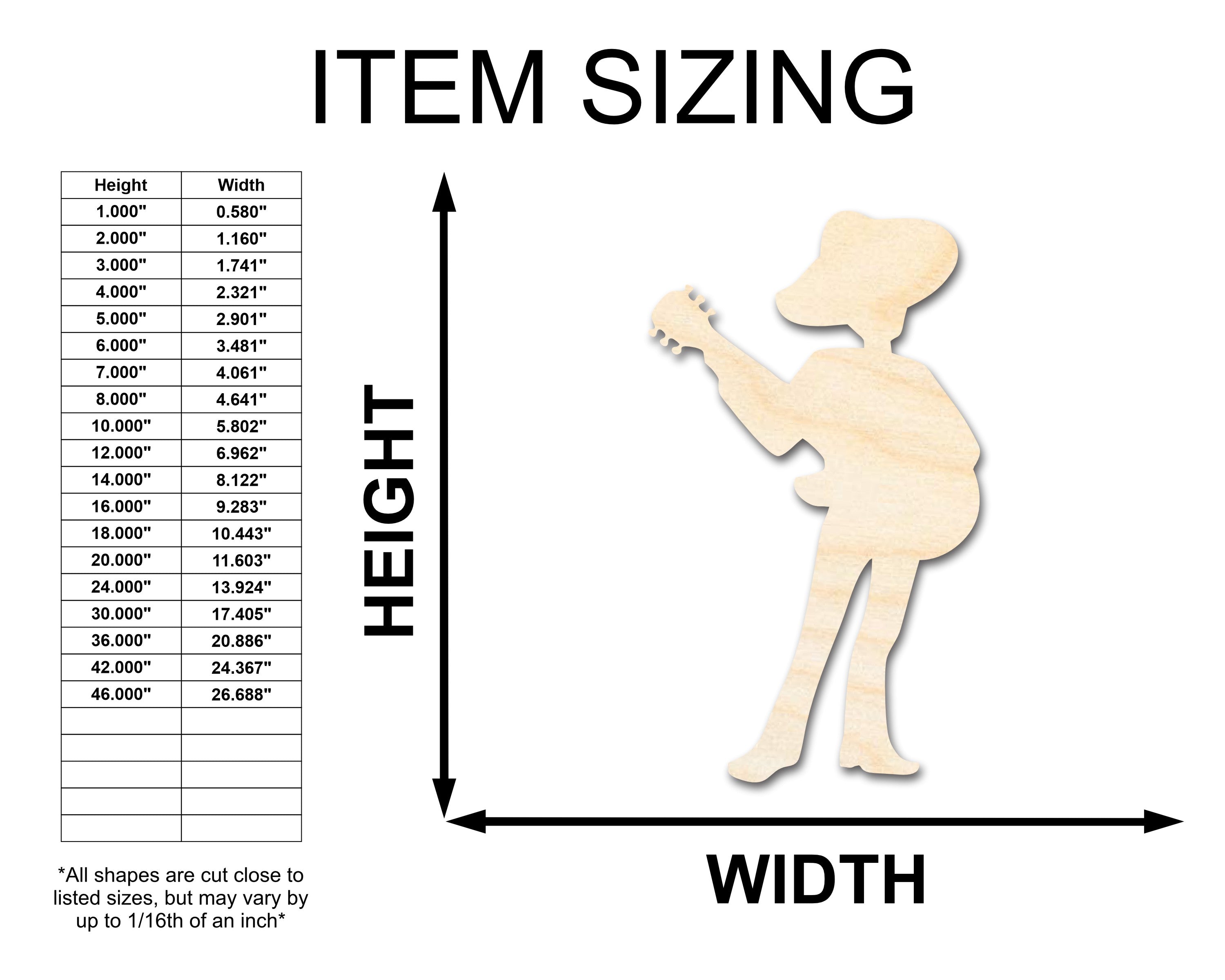 Unfinished Wood Mariachi Guitar Player Shape - Craft - up to 46"