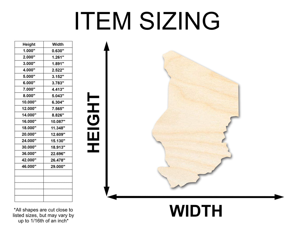 Unfinished Wood Chad Country Shape - North Central Africa Craft - up to 46" DIY