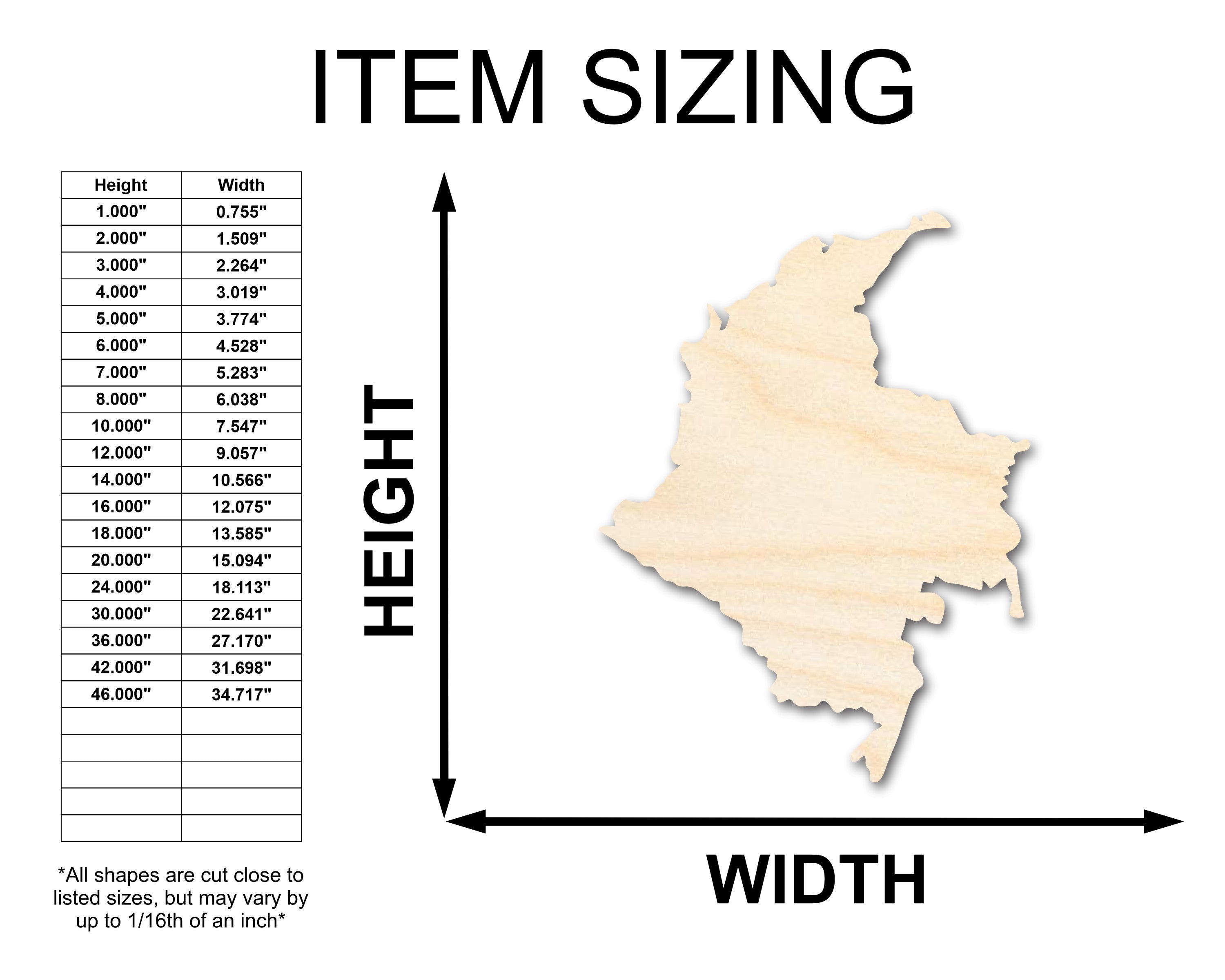Unfinished Wood Columbia Country Shape - South America Craft - up to 46" DIY