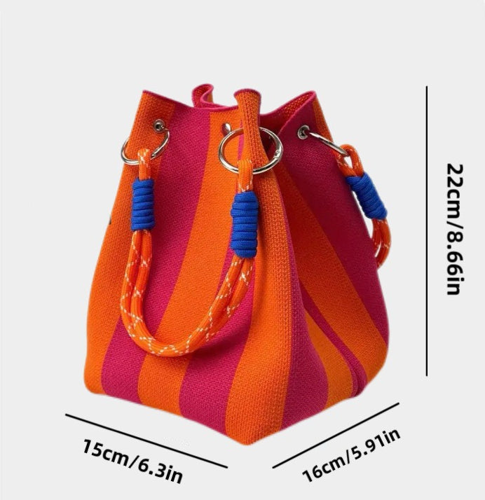 Woven Bucket Bag – Fashion Knit Handbag, Lucky Drawstring Shoulder Purse, Women’s Vacation Tote