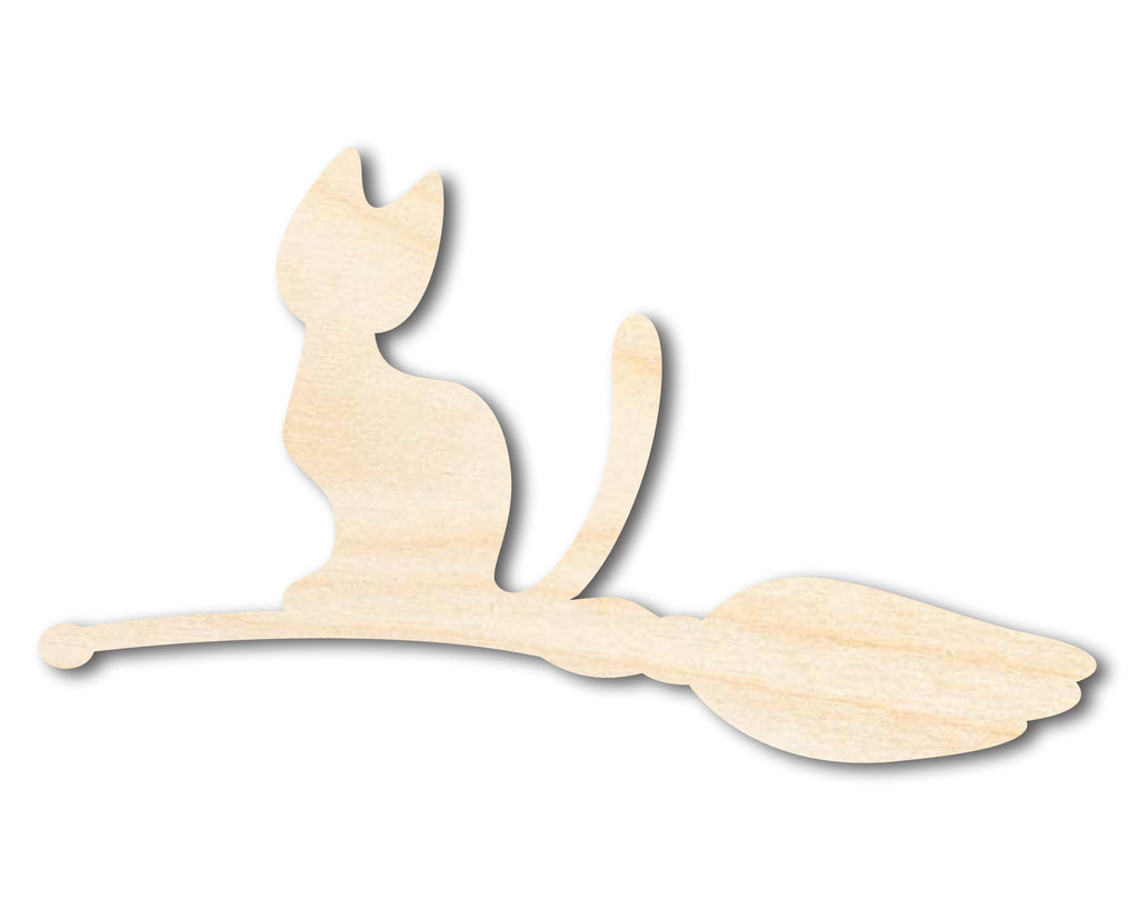 Unfinished Wood Cat on Broom Shape | DIY Halloween Cat Craft Cutout | up to 46" DIY