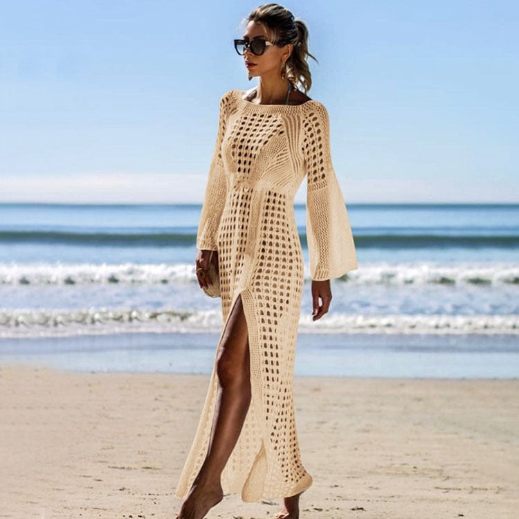Sexy Hollow-Out Knitted Beach Dress ¨C Long Sleeve Split Hem Bikini Cover-Up, Vacation Maxi Kimono