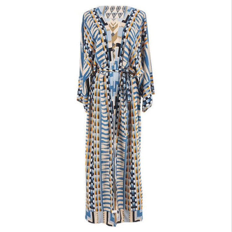Printed Sexy Cardigan with Belt ¨C Beach Cover-Up, Vacation Bikini Kimono with Tie Waist