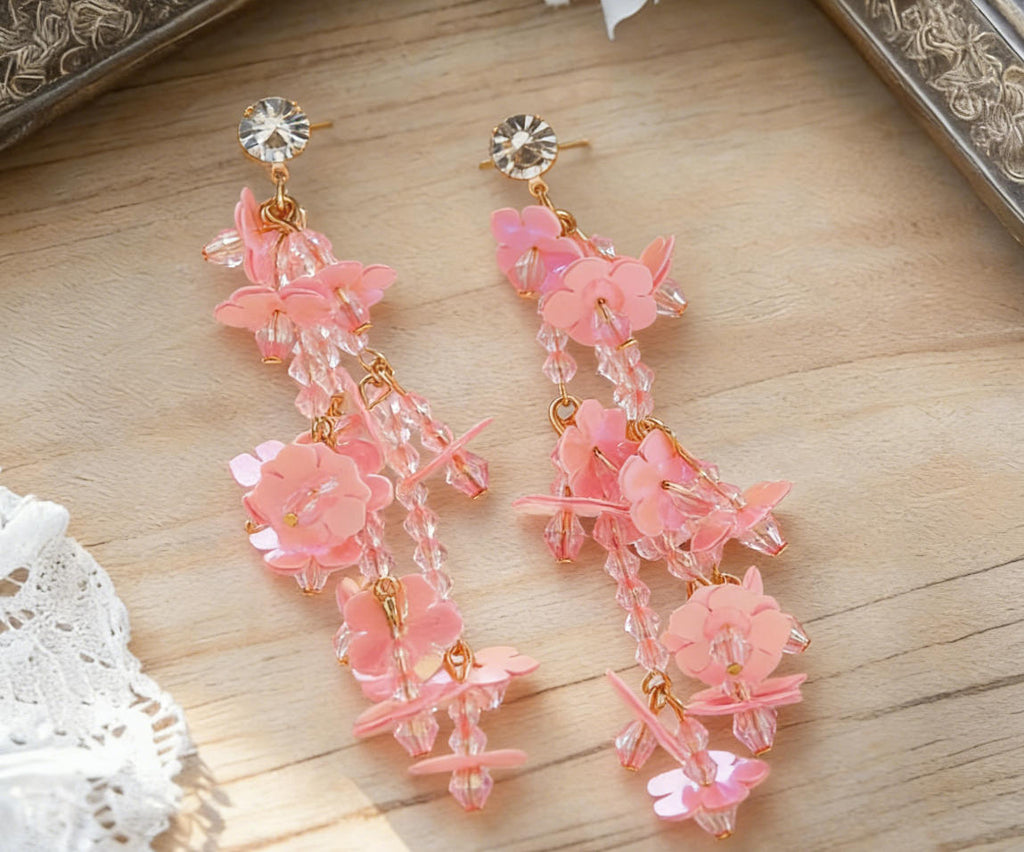 Vacation Pink Rice Bead Flower Luxury Tassel Earrings Boho Sweet Girl Earrings