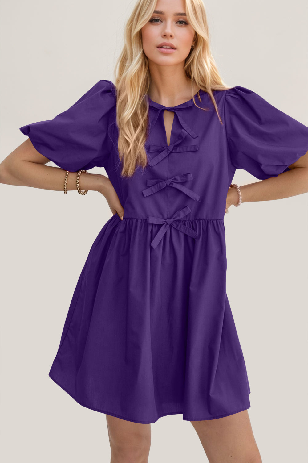 Elegant Ruched Puff Sleeve Mini Dress Vintage Bow Detail Cute Short Dress for Women
