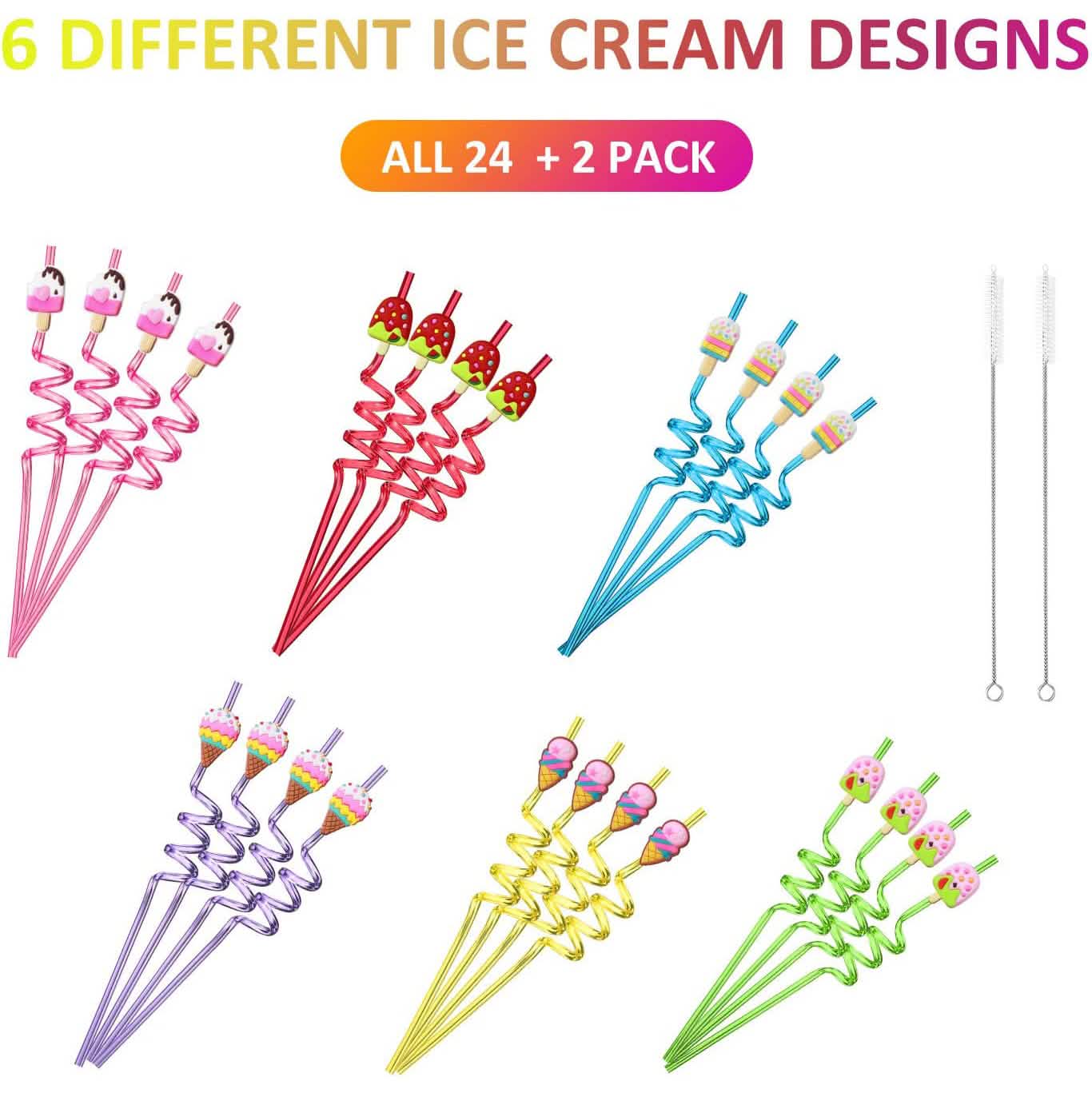 24-Pack: Reusable Ice Cream Straws for Birthday Party Supplies