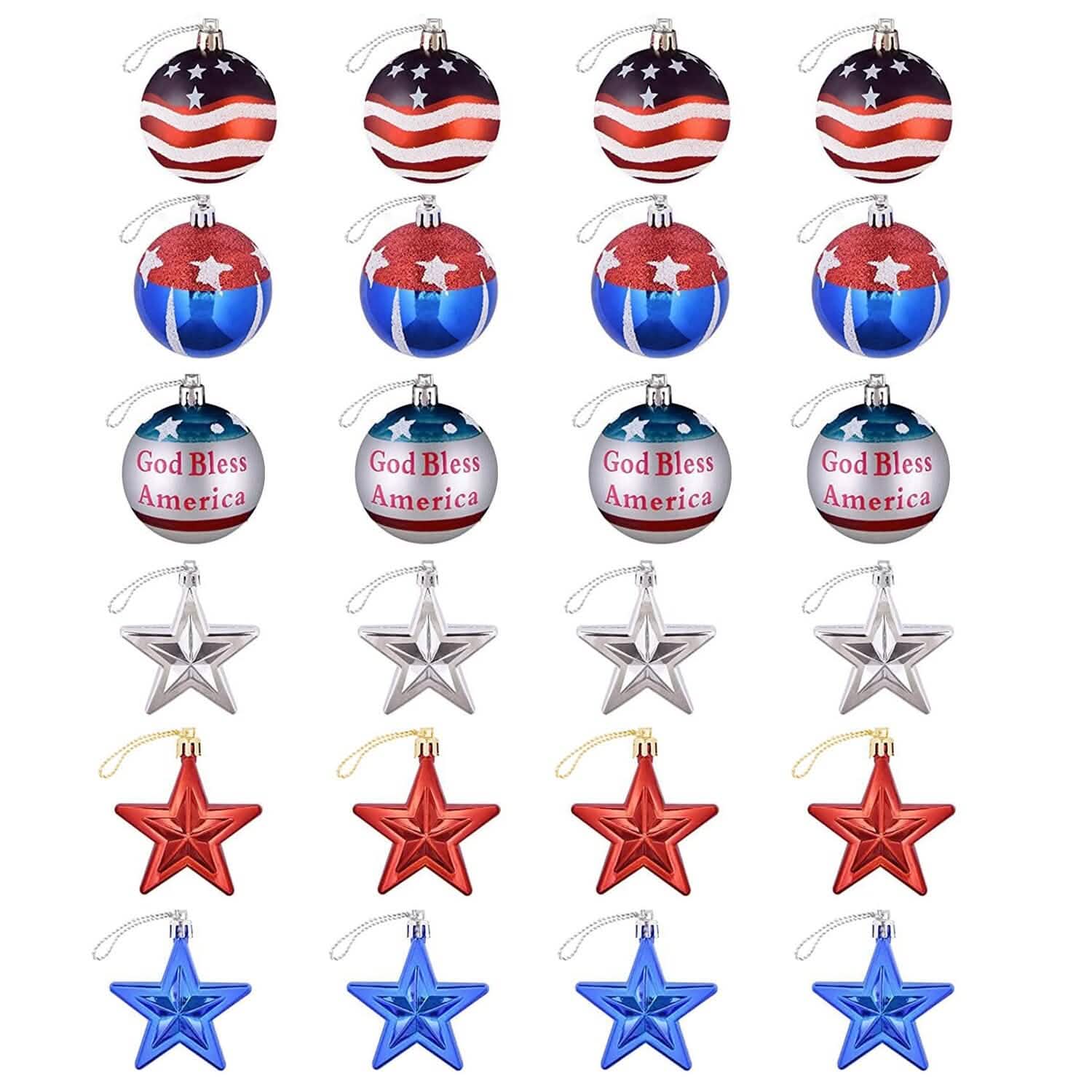 24-Pieces Set: Hanging Ornaments Ball Star Patriotic