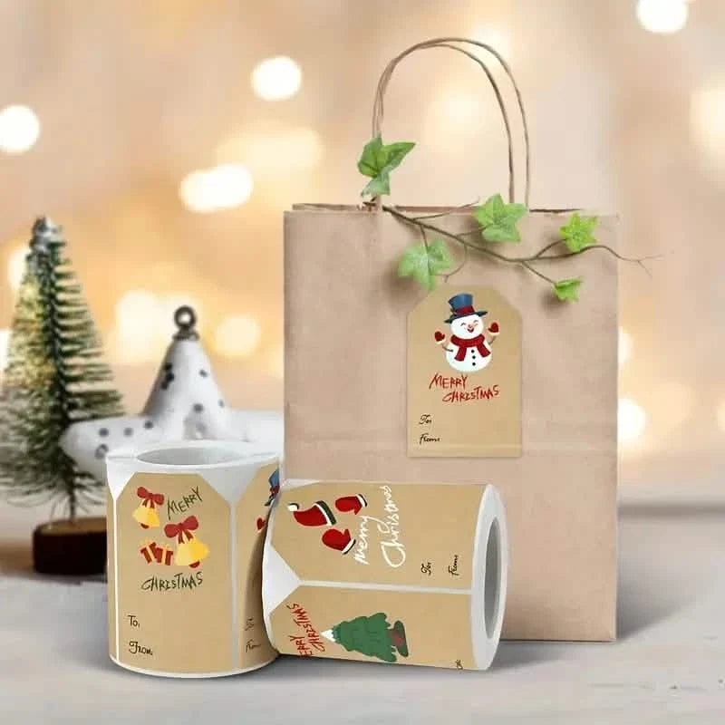 250 Pieces/Roll Christmas Stickers - 2x3 Kraft Paper Tree Socks Snowman Elk Merry Christmas