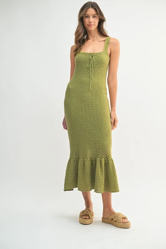 Ruffled Hem Sleeveless Crochet Knit Midi Dress For Women – Crochet Knit Dress, Unique Ruffled Hem Dress, Sleeveless Midi Dress, Summer Midi Dress, Elegant Crochet Dress