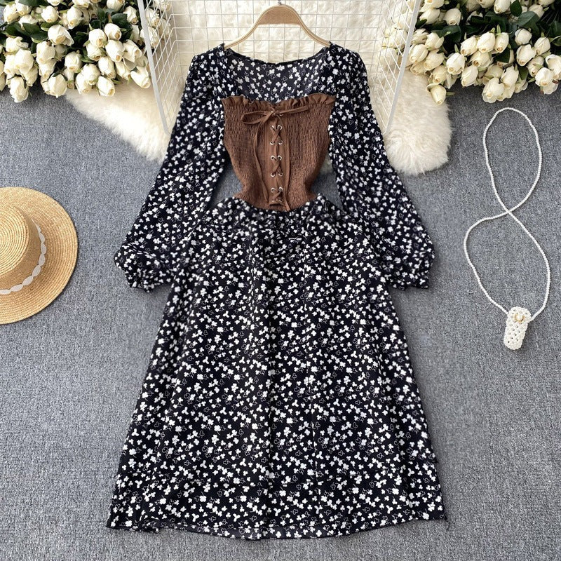Trendy Dress with Tie Belt – French Contrast Floral Print, Two-Piece Illusion Design, Sweet Long Sleeve Frock
