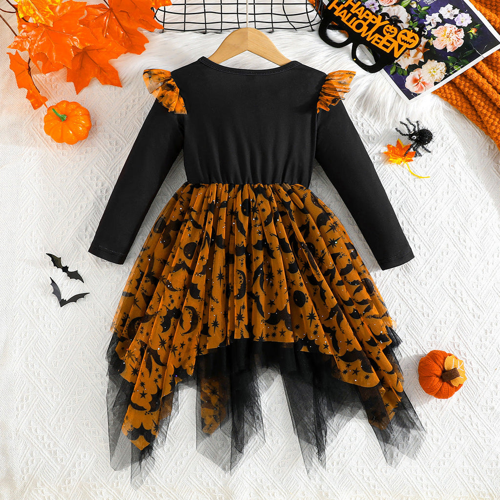 Mesh Irregular Hem Hanging Corner Printing Fashion Girls Dress