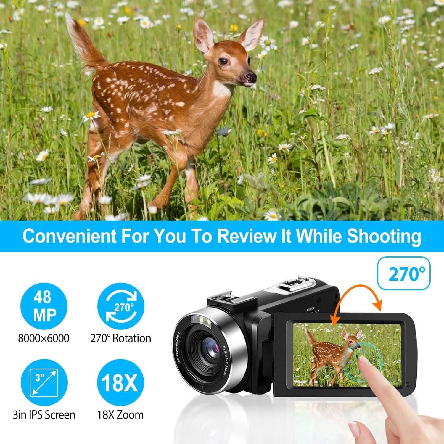 2.7K Camcorder 42MP 18x Zoom Digital Video Camera with 270° Rotating IPS Screen