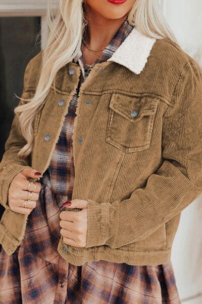 Vintage Women Winter Corduroy Snap Down Jacket With Collared Neck and Plush Lining