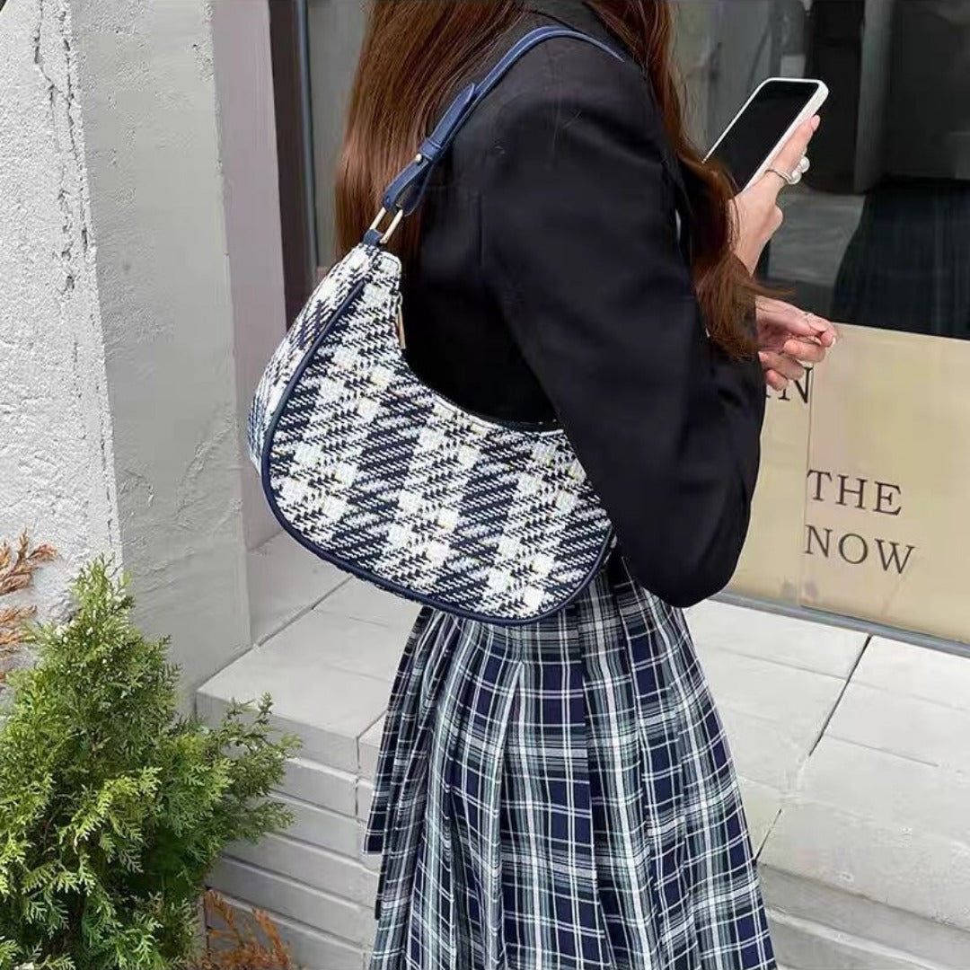 Designer women's bag summer, fashionable versatile plaid hobo bag small, crescent shoulder handbag, small shoulder purse for women