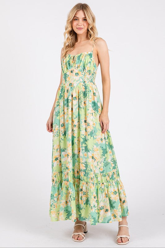 New Summer  Floral Smocked Back Ruffled Hem Maxi Cami Dress – Bohemian Elegance, Feminine, Flowy, Comfortable, Effortlessly Chic