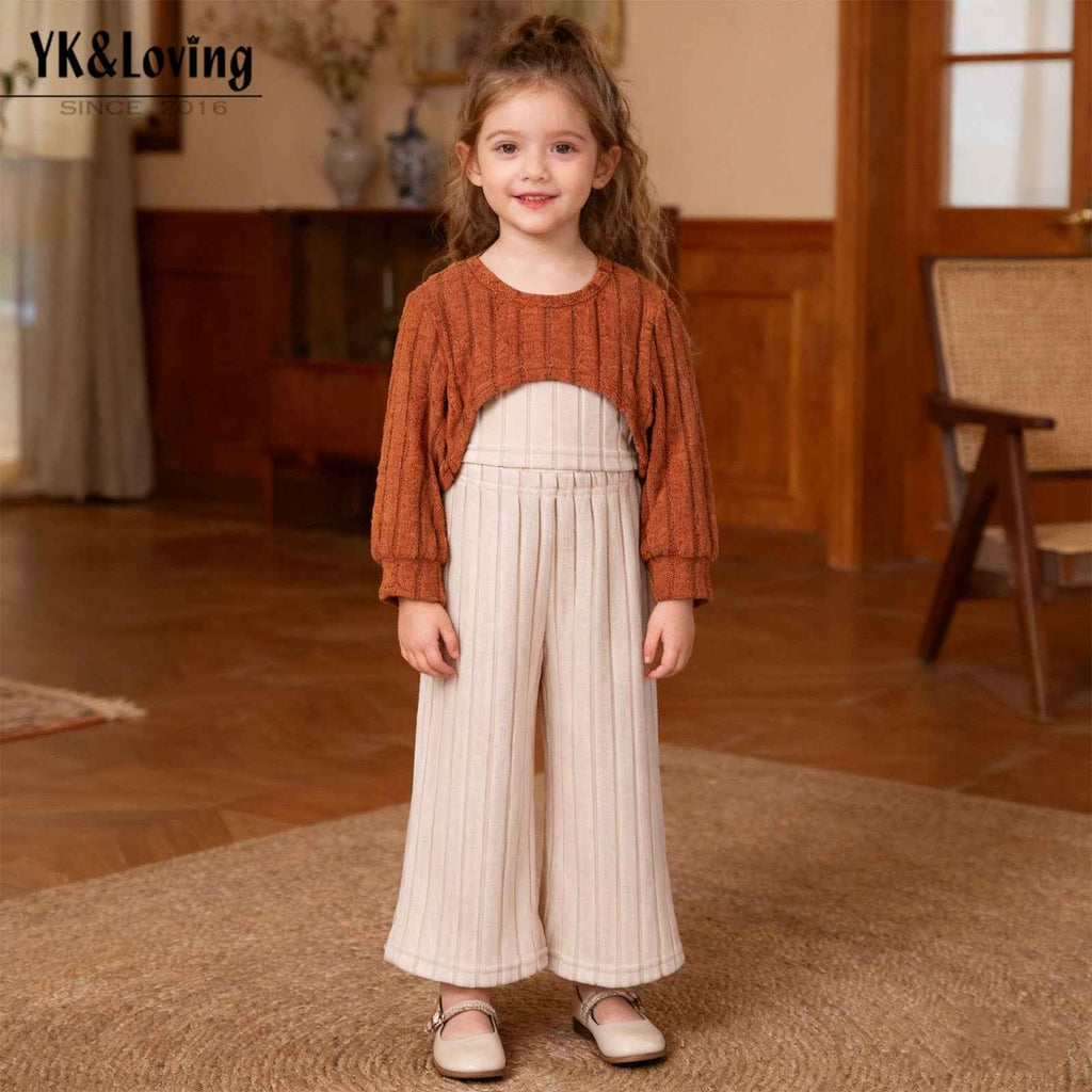 Chic Fashion Girls' 3-Piece Set Knit Long Sleeve Top, Strapless Vest, Wide-Leg Pants