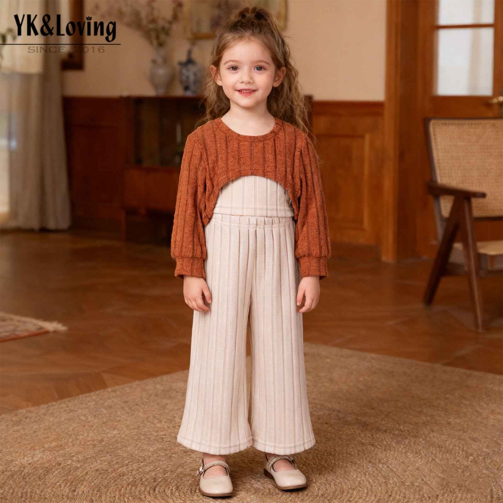 Chic Fashion Girls' 3-Piece Set Knit Long Sleeve Top, Strapless Vest, Wide-Leg Pants
