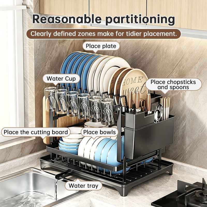 2-Tier Large Capacity Dish Drying Rack, Rustproof Carbon Steel Kitchen Sink Drainer with Cutting Board & Utensil Holder