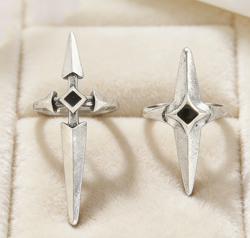 Gothic Dark Silver Sword & Cross Open Ring