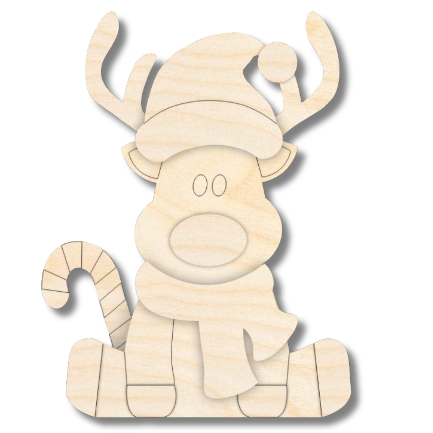 Unfinished Wood Layered and Etched Candy Cane Reindeer Shelf Sitter | 6" Tall | 1/4" Wood | Wood Craft DIY