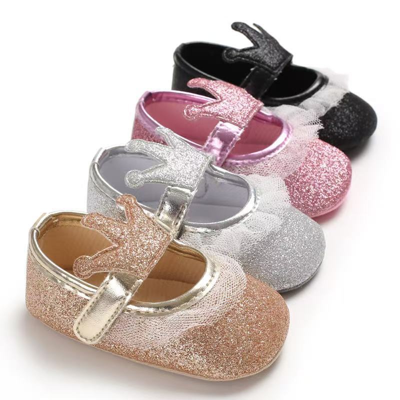 Newborn Infant Baby Girls Shoes Toddler Kids Princess Crown Glitter Design Shoes Soft Sole Anti-slip