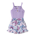 Cute Purple Strap Sunken Stripe Butterfly Shorts Two-piece Set