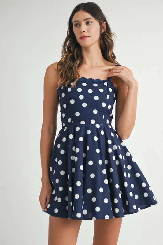 Polka Dot Mini Dress with Ricrac Trim Strap For Women – Playful Polka Dot Design, Unique Ricrac Trim, Fluttering, Chic Mini Dress for Casual or Summer Events