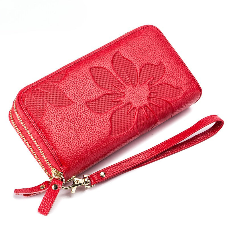 Women's Leather Double Zipper Wallet - Solid Color Large Capacity Long Phone Wallet from First-Layer Cowhide