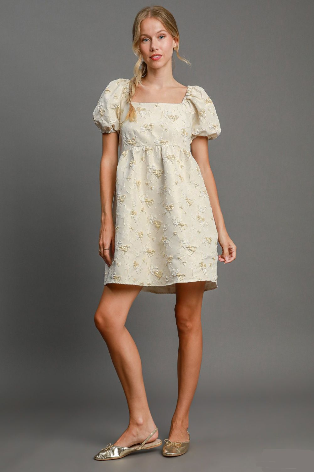 Heart Jacquard Square Neck Puff Sleeve Mini Dress – Romantic Heart Jacquard Dress, Puff Sleeve Dress, Square Neck Mini Dress, Chic Date Night Dress, Elegant Puff Sleeve Dress