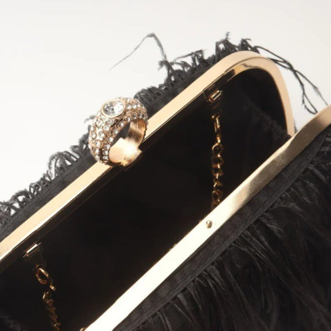 Elegant Ostrich Hair Ring Box – Small Square Bag with Chain Crossbody Shoulder Velvet Evening Clutch Purse, Perfect for Dinner, Casual Outings, Party Events, and Prom Nights
