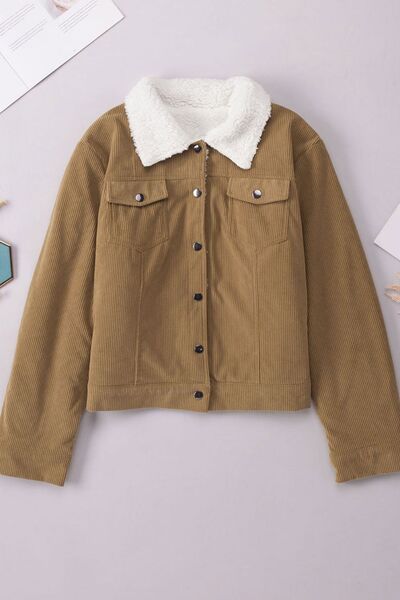 Vintage Women Winter Corduroy Snap Down Jacket With Collared Neck and Plush Lining