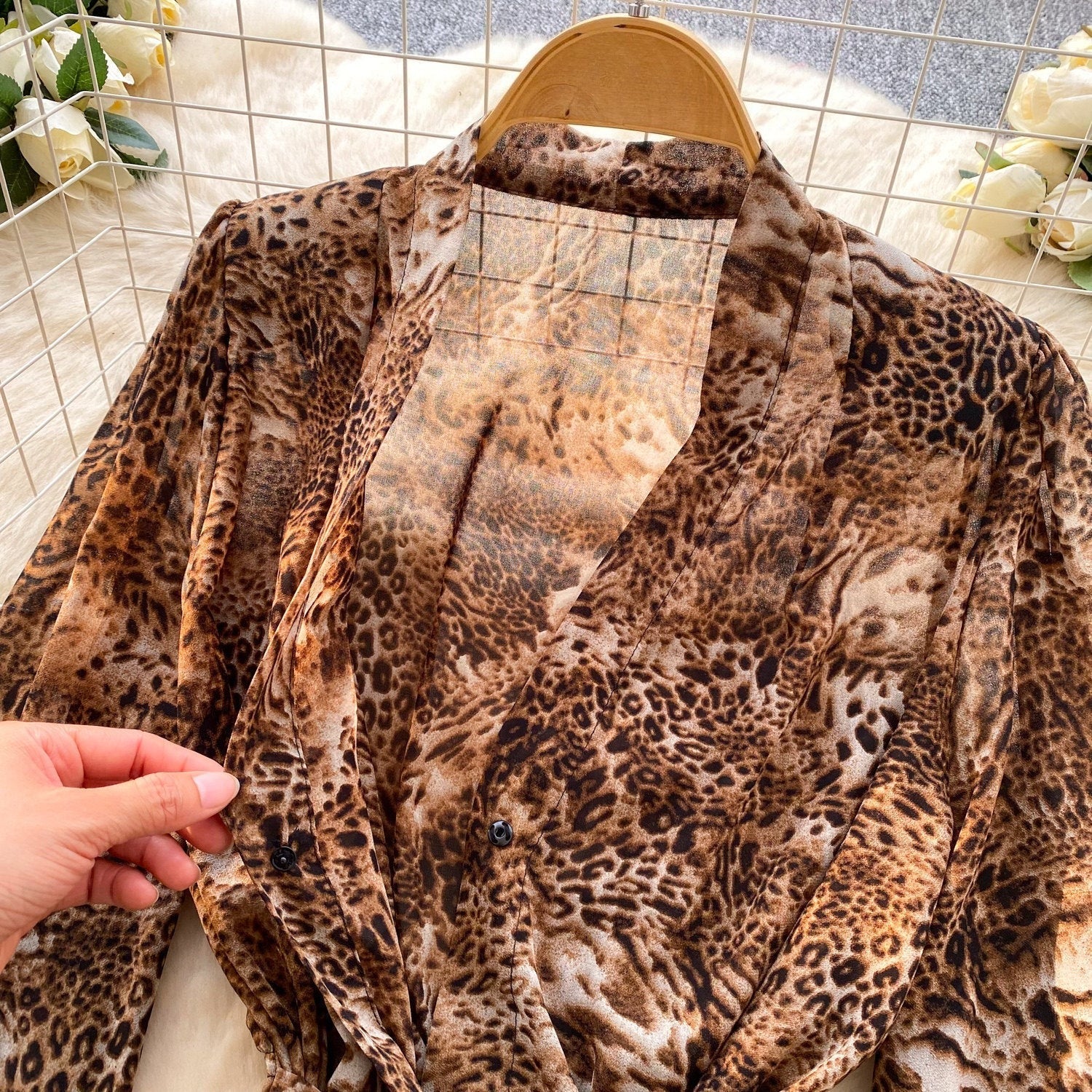 Women's Commute Style V-Neck Tie-Waist Leopard Print Blouse - Lantern Sleeve, Versatile and Chic Belted Shirt