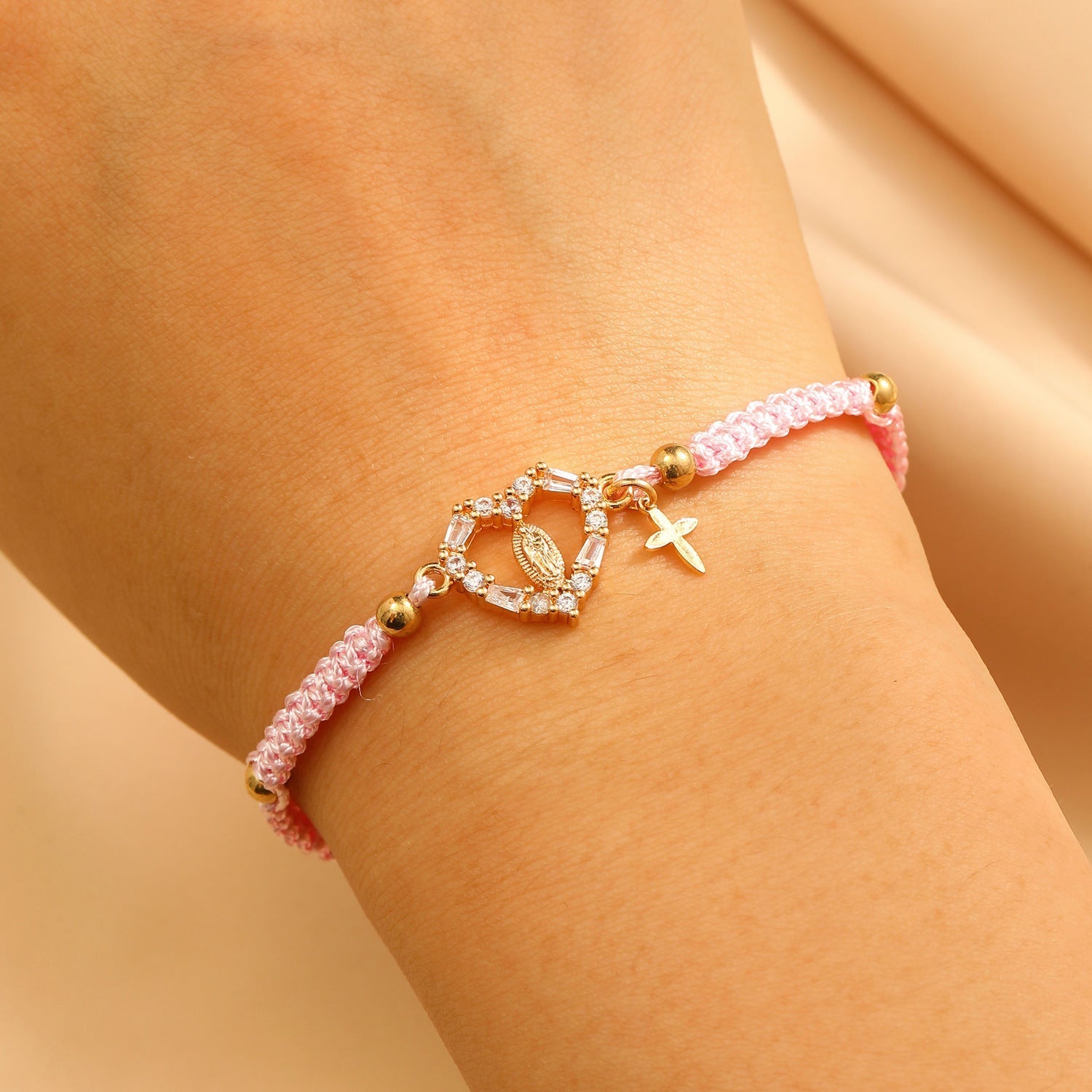 Virgin Mary Braided Bracelet with Cross Pendant