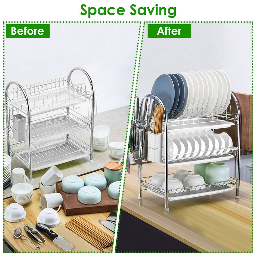 3-Tier Dish Drying Rack Shelf with 3 Drain Trays Chopping Board