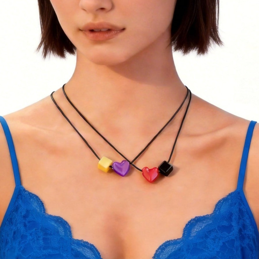 Ceramic Heart & Geometric Square Necklace Women Cute Dainty Clavicle Chain