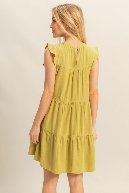 Round Neck Ruffle Sleeve Tiered Dress For Women – Feminine and Playful Tiered Dress with Ruffle Sleeves for Casual or Dressy Occasions