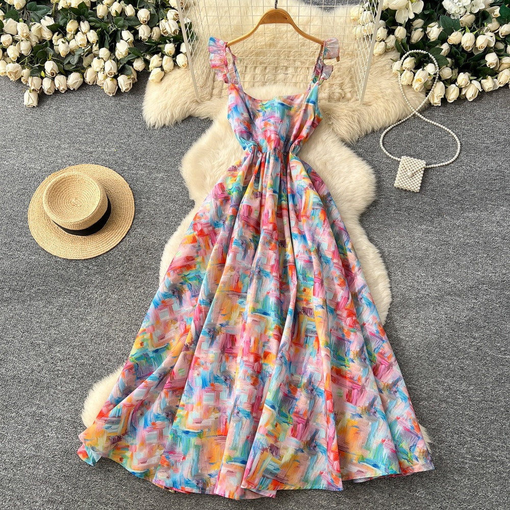 Floral Print Dress – V-Neck Adjustable Strap Midi, Spring-Summer Beach Vacation Sundress