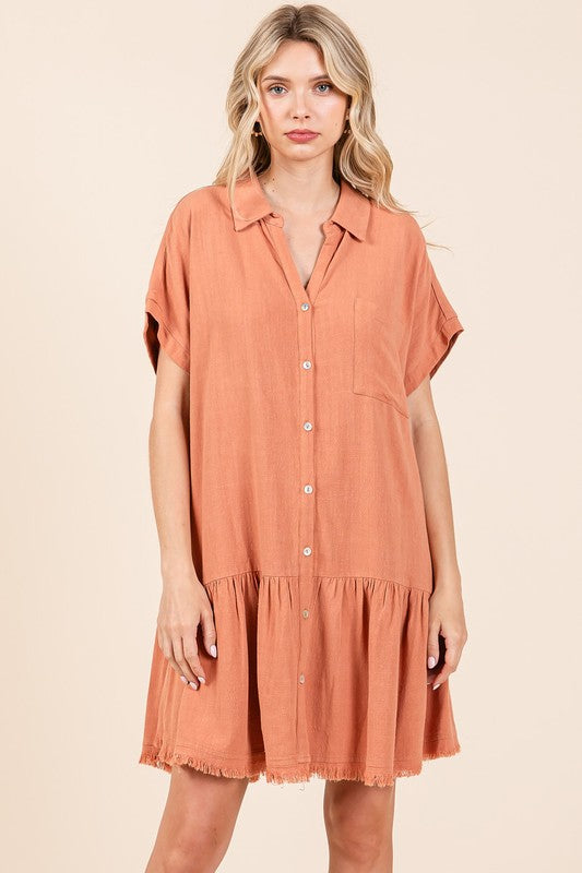 Linen Blend Button Down Shirt Mini Dress For Women – Casual, Classic Button-Down Design with Raw Hem and Tiered Detail